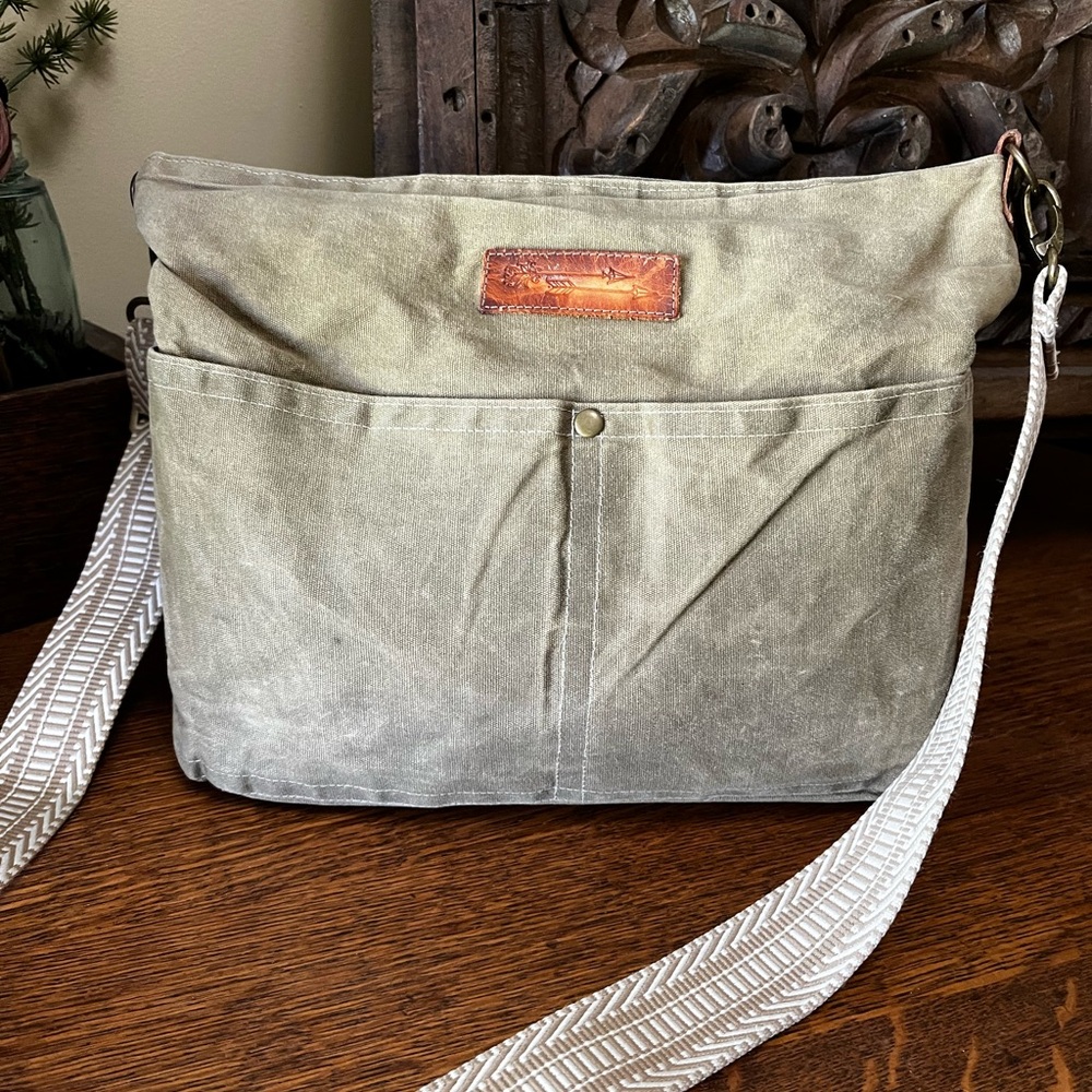 Canvas Crossbody Bag in Olive Green with Cream Strap